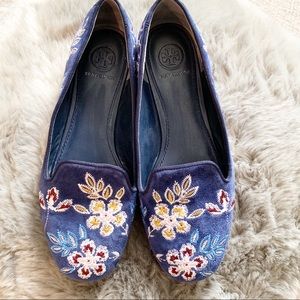Tory Burch Floral Embroidered Smoking Slippers